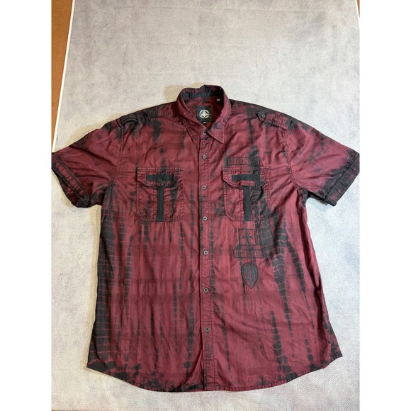 Affliction Other - Affliction Mens 2XL Red Black Tie Dye Plaid Button Short Sleeve Shirt Alpha Co